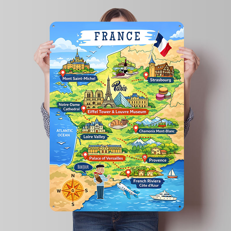 Retro Gaming France - France Travel Map Cartoon Metal Poster